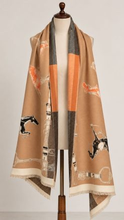 La Chasse equestrian scarf in camel, horses and tack, studio shot