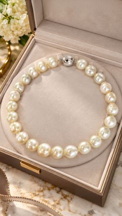 Lumina, a 17-inch cream baroque South Sea pearl necklace of 14–18 mm pearls, with a polished 14-carat white gold diamond Uniclasp, shown in its case.