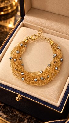 Portico bracelet, ten strands of Italian gold-finished silver mesh with rhodium spheres, in a jewellery box.