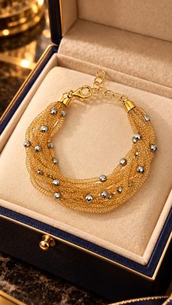 Portico bracelet, ten strands of Italian gold-finished silver mesh with rhodium spheres, in a jewellery box.